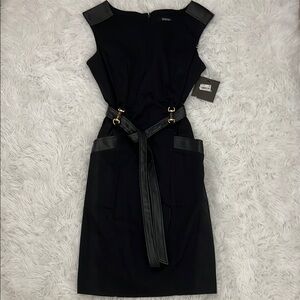 Ellen Tracy Black Sheath Faux Leather Trimmed Dress with Belt